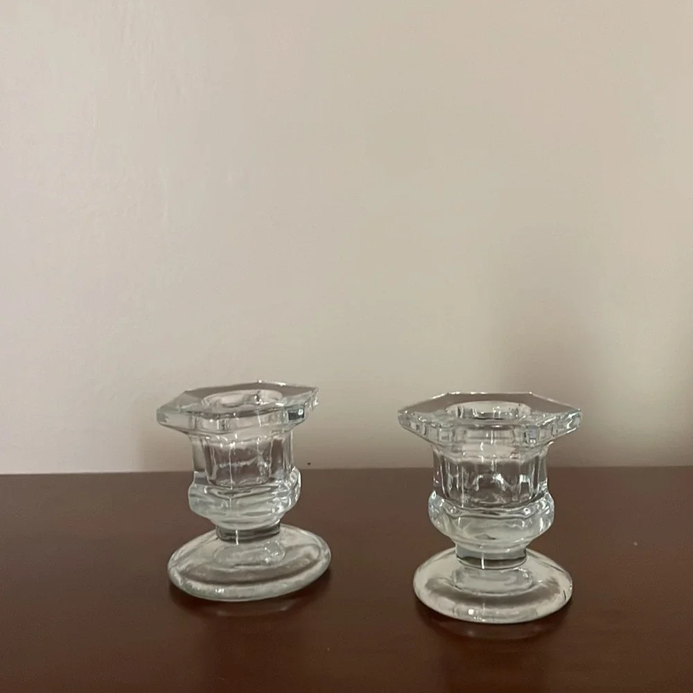 Hexagonal Diameter Clear Glass Candlestick Holder Set of 2